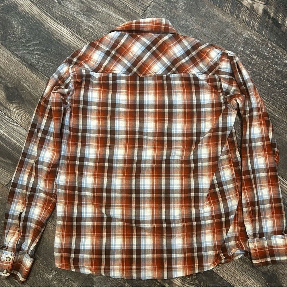 Ariat Men's Medium Pearl Snap Brown Rust Plaid Shirt Long Sleeve - Picture 6 of 6